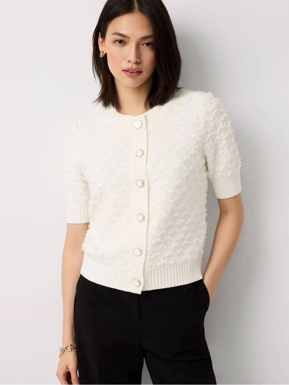 WHBM Bouclé Elbow Sleeve Cardigan Cream Short-Sleeve Textured Knit White House